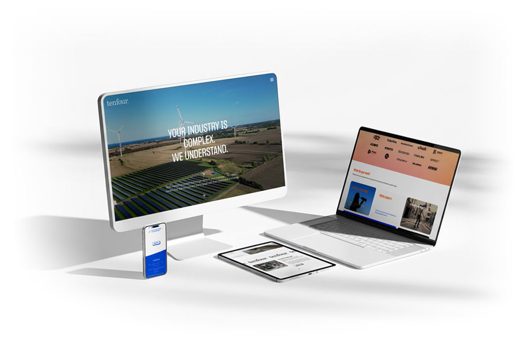 Verkkosivujen suunnittelusta esimerkkinä tenfour.fi sivusto, joka toimii responsiivisesti mobiililaitteella ja tietokoneella katsottuna.