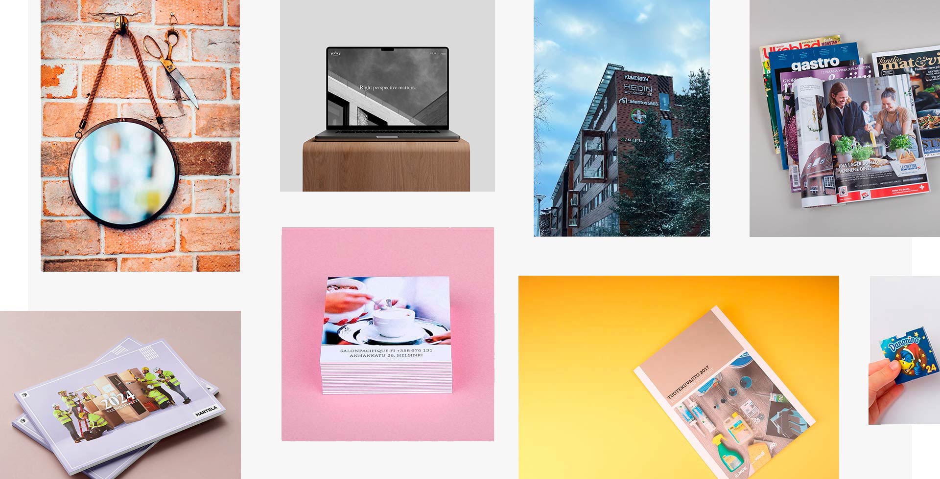 Esimerkkejä Muaton töistä; logosuunnittelua, verkkosivustoja, vuosikertomuksia, lehtimainoksia